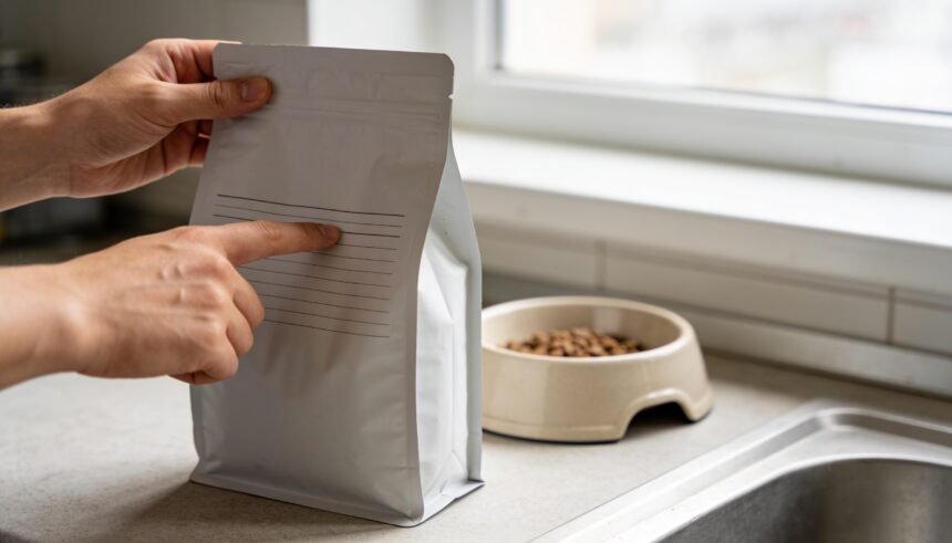 A person tracing a line on the back panel of a plain bag of dry pet food on a kitchen bench.