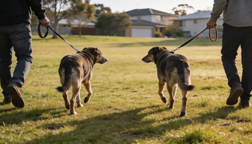 Two dogs walking apart on separate leads with individual handlers in an open grassy reserve.