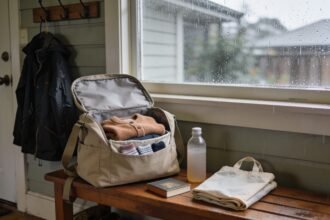 Compact outing bag with spare clothing, a drink bottle and a book beside a rain jacket.