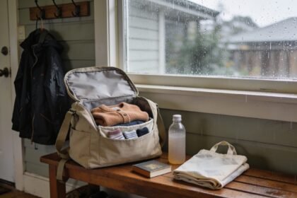 Compact outing bag with spare clothing, a drink bottle and a book beside a rain jacket.