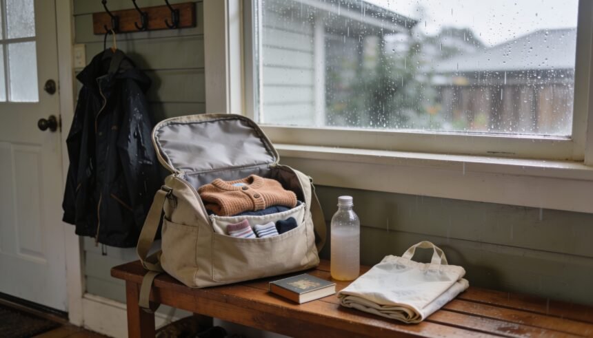 Compact outing bag with spare clothing, a drink bottle and a book beside a rain jacket.
