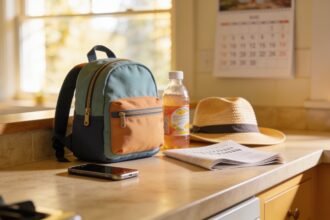 A packed child's backpack, drink bottle and sun hat on a kitchen bench beside a folded page and a phone, with a wall calendar blurred in the background.