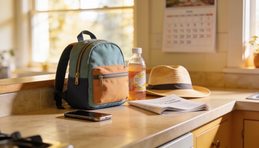 A packed child's backpack, drink bottle and sun hat on a kitchen bench beside a folded page and a phone, with a wall calendar blurred in the background.