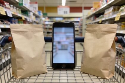 Two grocery packs beside a shopping basket and smartphone in a supermarket aisle.