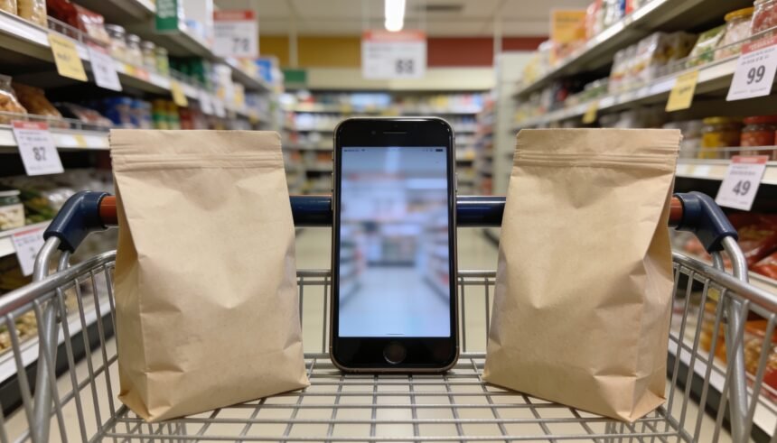 Two grocery packs beside a shopping basket and smartphone in a supermarket aisle.
