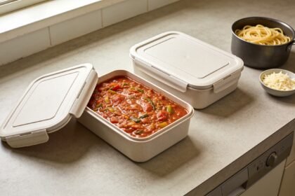 Tomato sauce in meal containers beside separately prepared pasta and grated cheese.