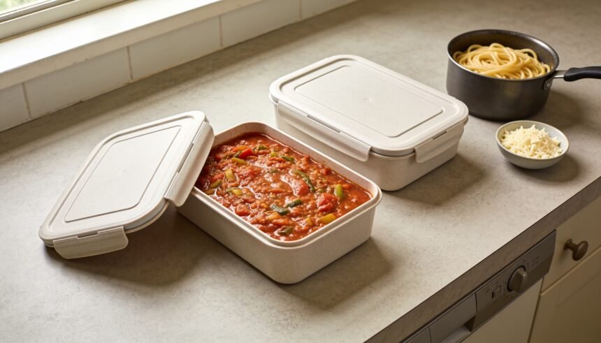 Tomato sauce in meal containers beside separately prepared pasta and grated cheese.