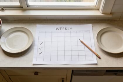 A simple menu grid and pencil beside dinner plates on a kitchen bench.