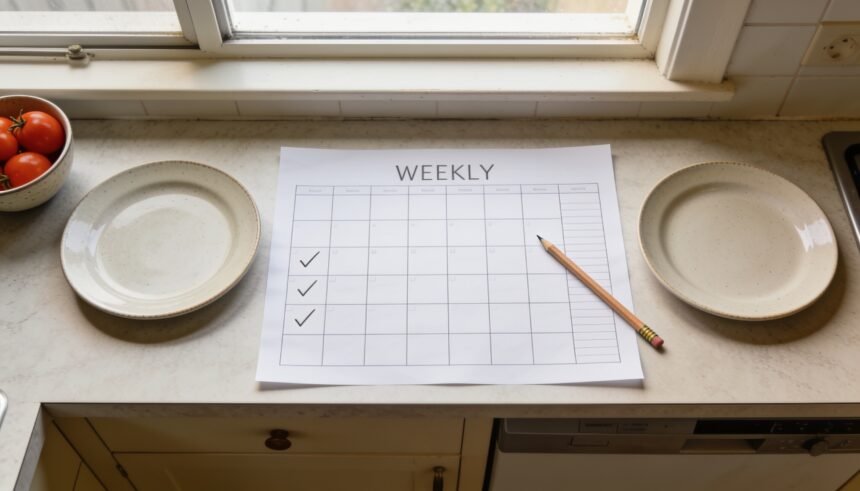 A simple menu grid and pencil beside dinner plates on a kitchen bench.