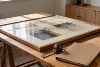 Unmounted framed picture, tape measure and folder on a table beside a plain rental wall.