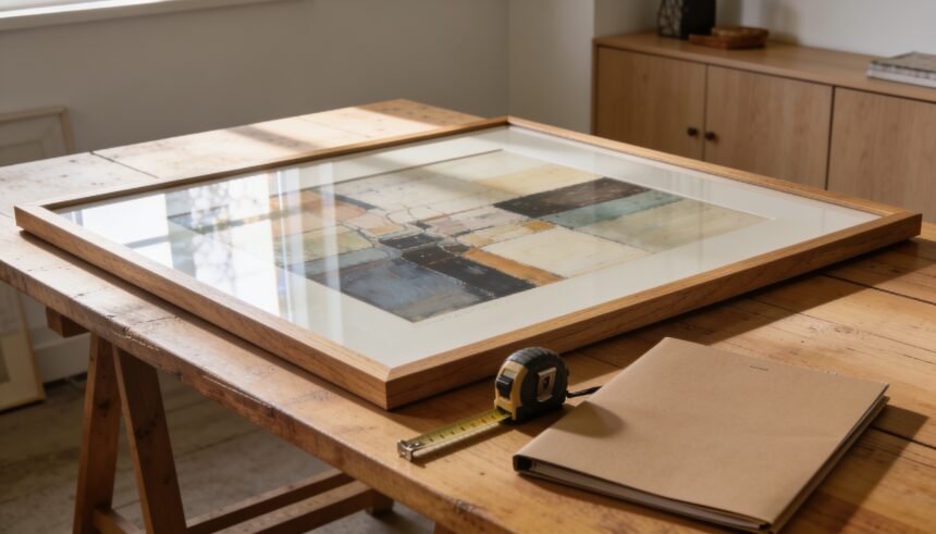 Unmounted framed picture, tape measure and folder on a table beside a plain rental wall.