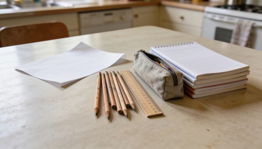 Used pencils and a ruler sorted beside plain exercise books and a pencil case on a kitchen table.