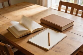 Reading books, a notebook and a pencil on a dining table in afternoon light.