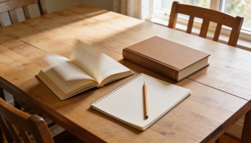 Reading books, a notebook and a pencil on a dining table in afternoon light.