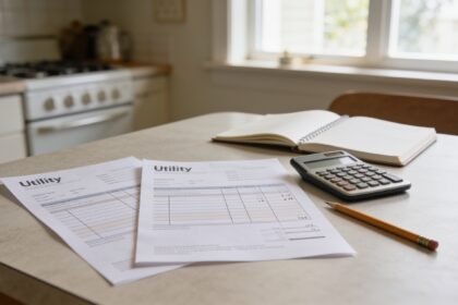 Utility statements, a calculator and a notebook on a kitchen table.