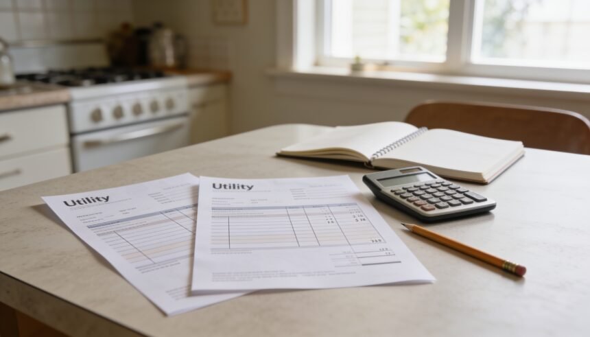 Utility statements, a calculator and a notebook on a kitchen table.