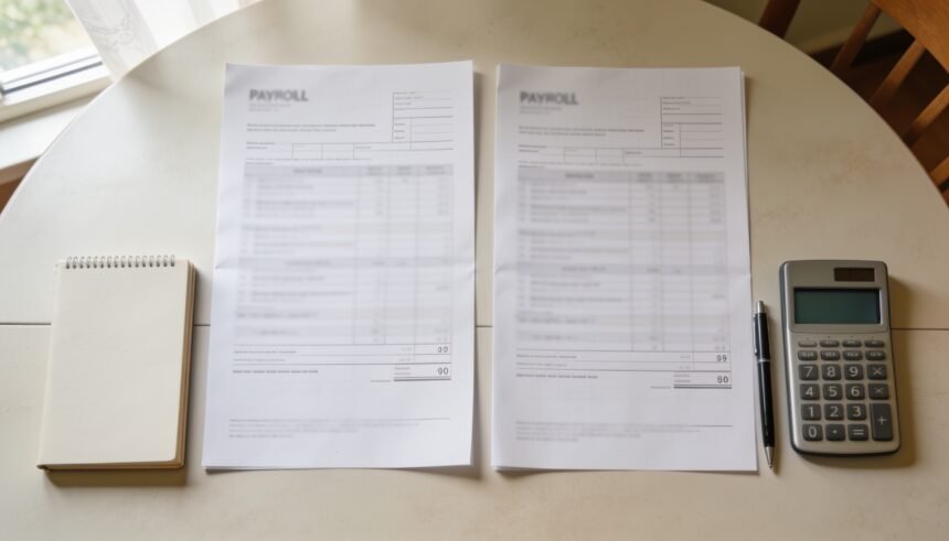 Two payroll documents beside a notebook, pen and calculator on a dining table.