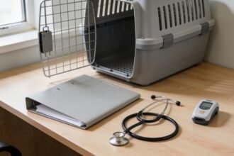 A document folder, stethoscope and microchip scanner beside an empty pet travel carrier in a veterinary room.