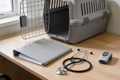 A document folder, stethoscope and microchip scanner beside an empty pet travel carrier in a veterinary room.