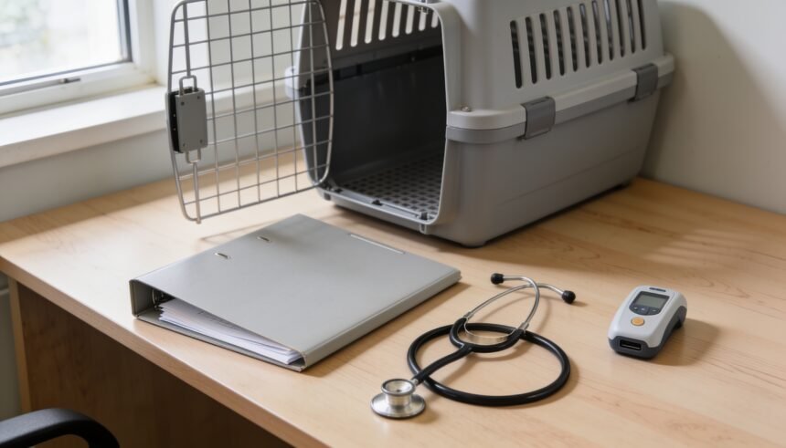 A document folder, stethoscope and microchip scanner beside an empty pet travel carrier in a veterinary room.