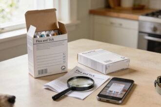 A pet treatment carton, sealed inner packaging and instruction leaflet beside a magnifying glass and phone.