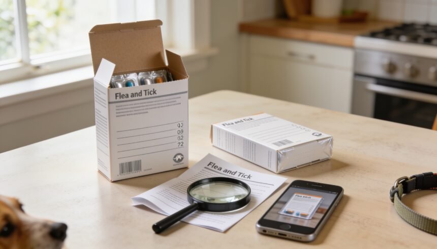 A pet treatment carton, sealed inner packaging and instruction leaflet beside a magnifying glass and phone.