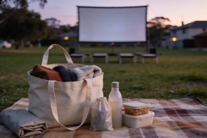 Picnic rug and tote packed with jumpers, drink bottles and food containers near a blank outdoor cinema screen.