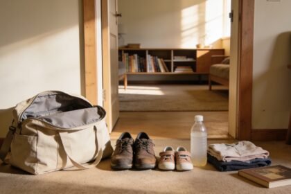 Family day bag and shoes ready by the front door, with a quiet living room beyond.