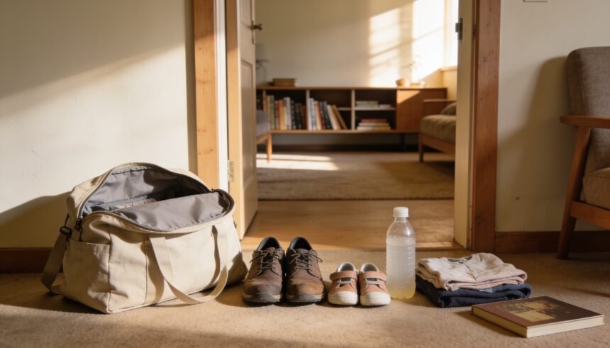 Family day bag and shoes ready by the front door, with a quiet living room beyond.