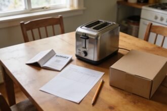 A small household appliance beside an open warranty booklet and comparison sheet on a dining table.