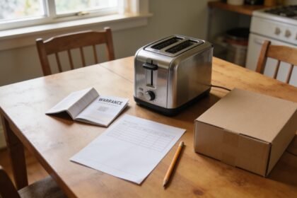 A small household appliance beside an open warranty booklet and comparison sheet on a dining table.