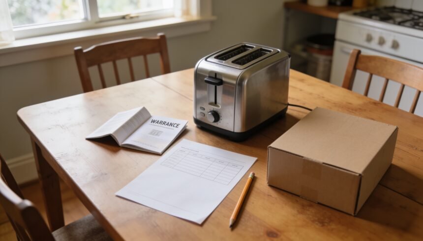 A small household appliance beside an open warranty booklet and comparison sheet on a dining table.