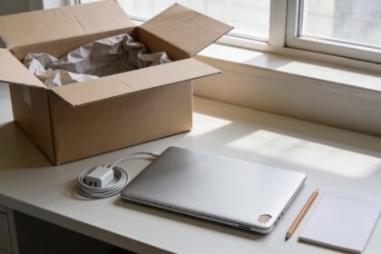 A closed laptop and charger beside an open plain shipping box on a home desk.