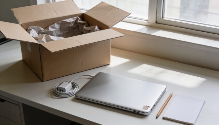 A closed laptop and charger beside an open plain shipping box on a home desk.