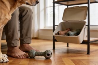 An old rubber fetch toy ready for a play session, with spare dog toys stored on a shelf.