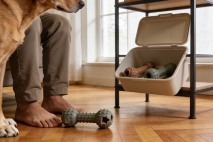 An old rubber fetch toy ready for a play session, with spare dog toys stored on a shelf.