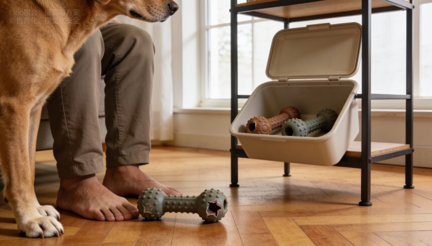 An old rubber fetch toy ready for a play session, with spare dog toys stored on a shelf.