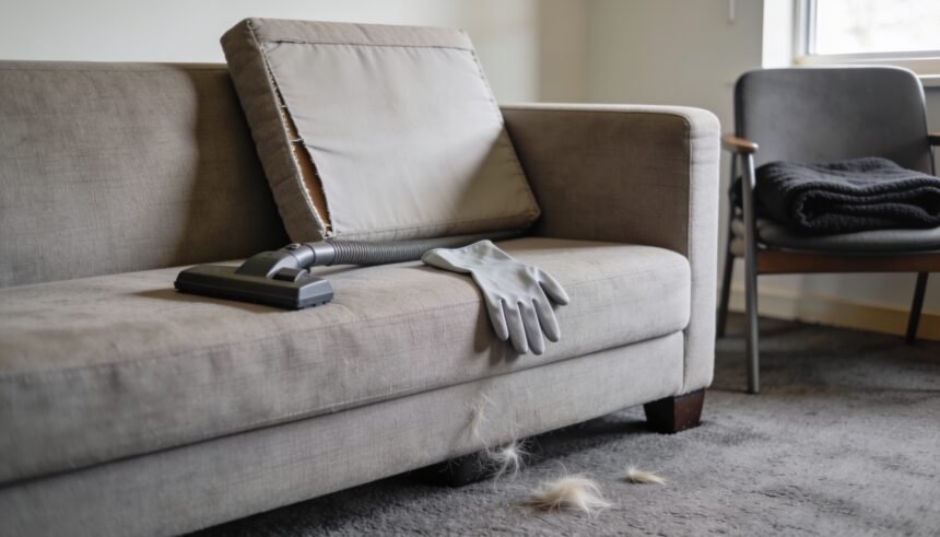Upholstery attachment and rubber glove beside a lifted couch cushion, with pet hair on the surrounding carpet.
