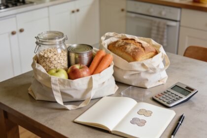 Grocery bags, pantry staples and fresh food beside an open notebook and calculator on a kitchen table.