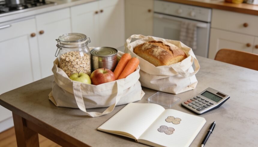 Grocery bags, pantry staples and fresh food beside an open notebook and calculator on a kitchen table.
