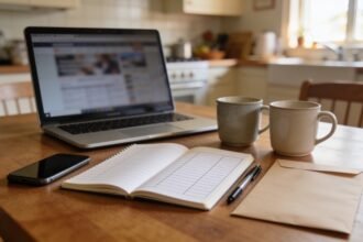 Laptop, notebook, phone and two mugs on a dining table ready for a household subscription review.