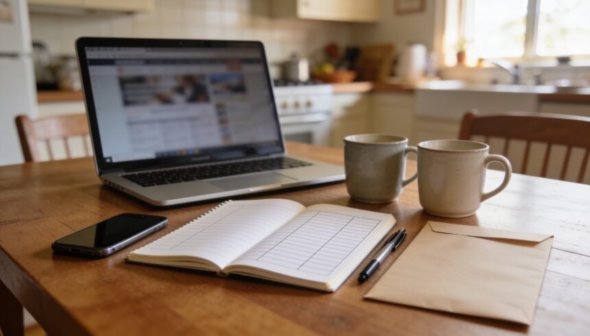 Laptop, notebook, phone and two mugs on a dining table ready for a household subscription review.