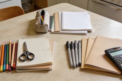 Three groups of pencils, books, pens and school tools arranged on a kitchen table.