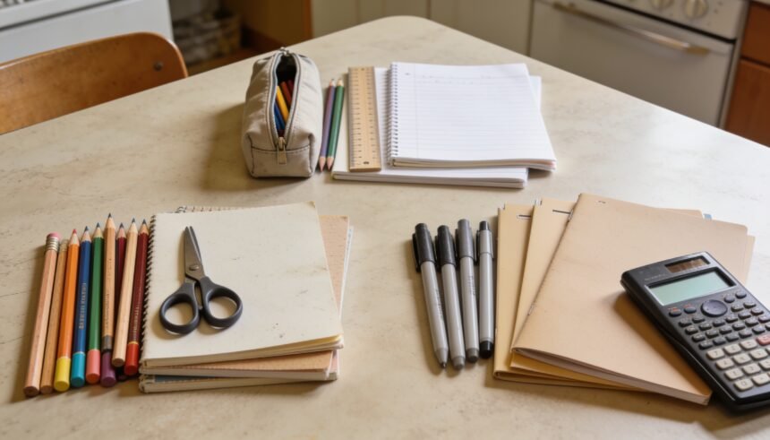 Three groups of pencils, books, pens and school tools arranged on a kitchen table.