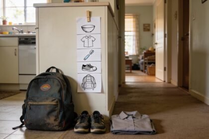 A picture routine sheet with a movable clip beside school shoes, a uniform and a backpack in a family kitchen.