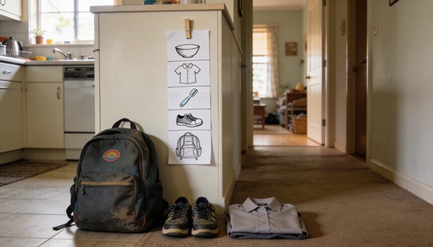 A picture routine sheet with a movable clip beside school shoes, a uniform and a backpack in a family kitchen.