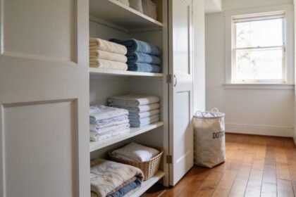 Open linen cupboard with small stacks of towels, folded sheet sets and a blanket, with a donation bag beside it.