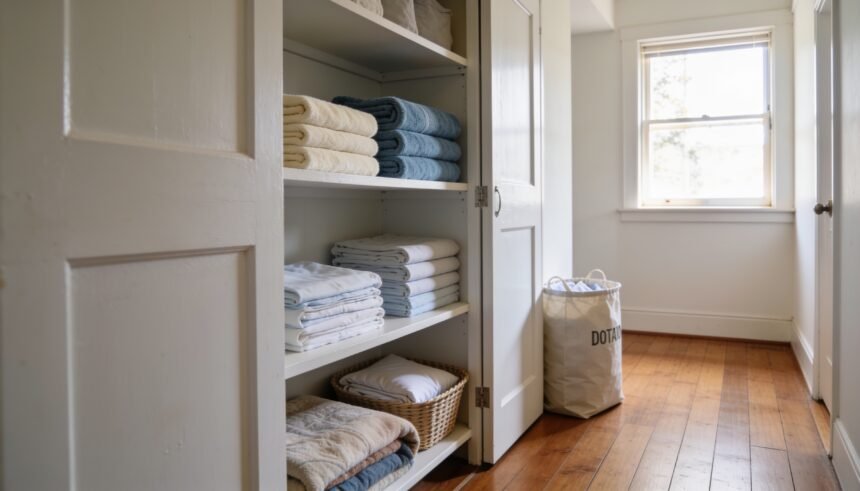 Open linen cupboard with small stacks of towels, folded sheet sets and a blanket, with a donation bag beside it.