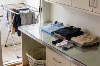 Plain school polos, adult clothes and matched socks on a laundry bench, with an empty basket below and washing on an airer nearby.