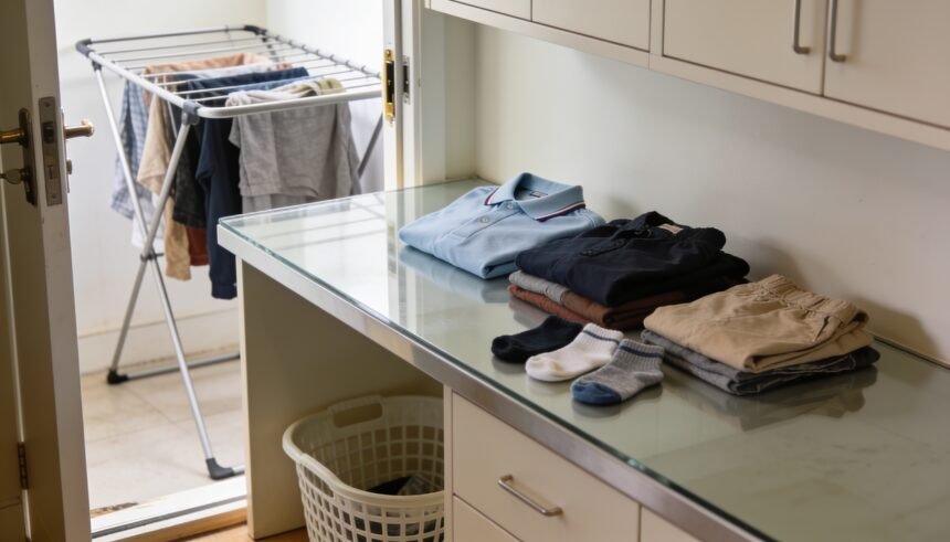 Plain school polos, adult clothes and matched socks on a laundry bench, with an empty basket below and washing on an airer nearby.